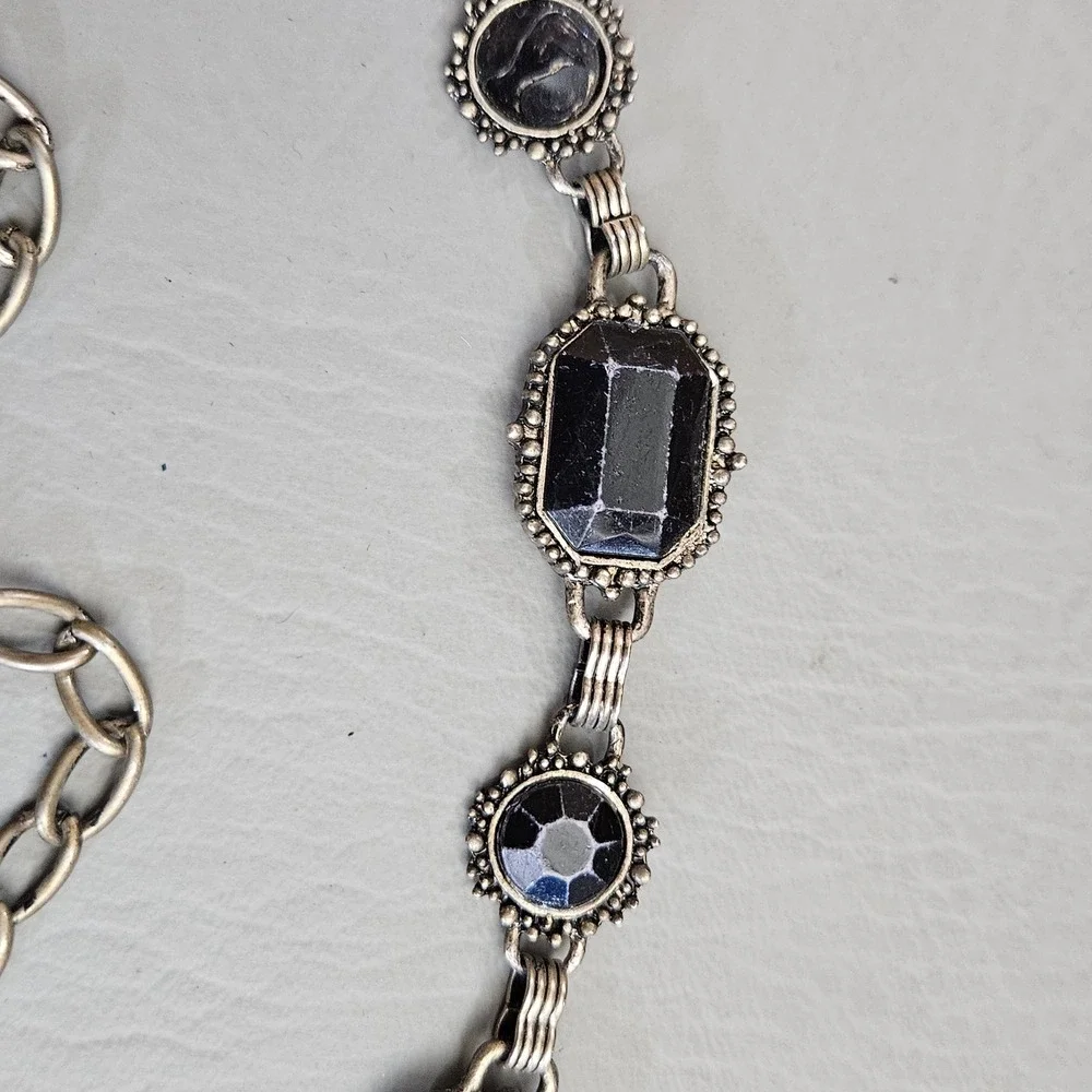 Vintage Style Black Stone Chain Belt Antiqued Silver Tone Adjustable Goth Boho